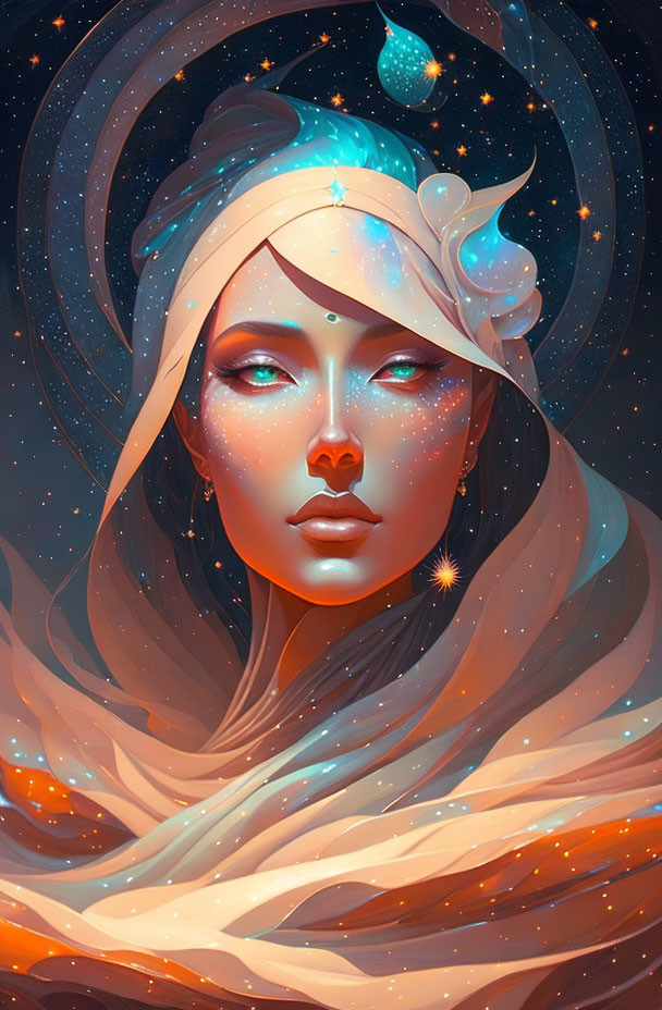 Celestial woman portrait with cosmic elements