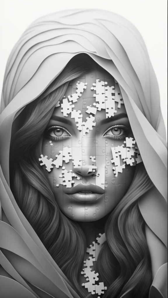 Monochrome artwork of woman with puzzle pieces on face and flowing hair.