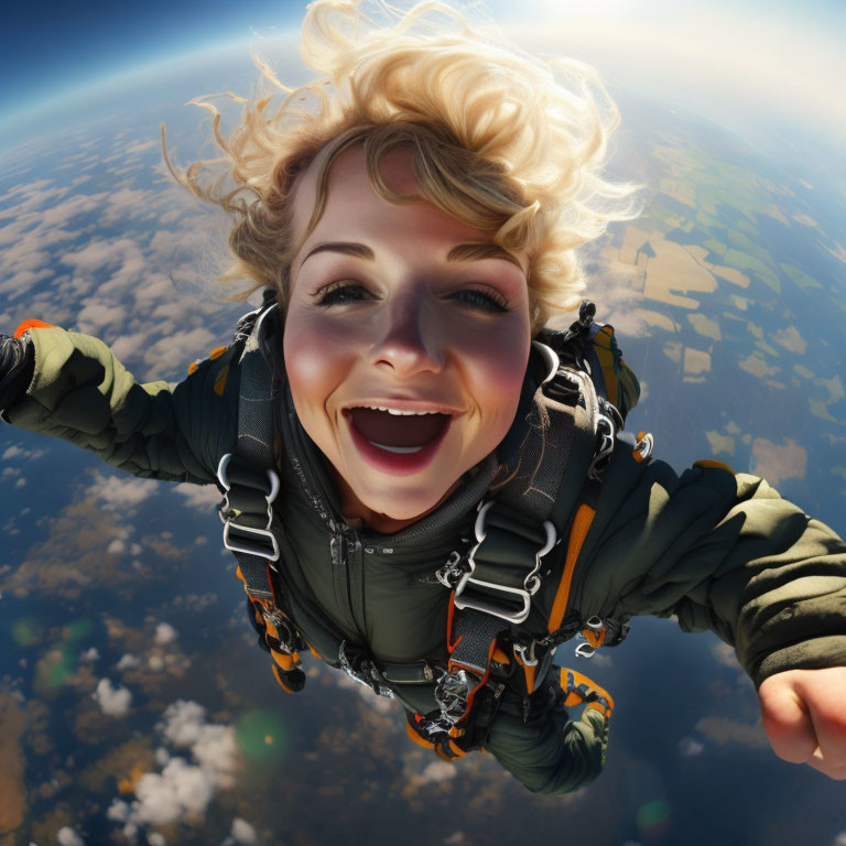 Smiling skydiver with parachute harness and Earth's curvature.