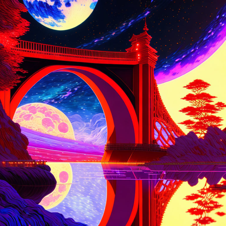 Surreal red bridge with Asian architecture, moons, stars, and reflection