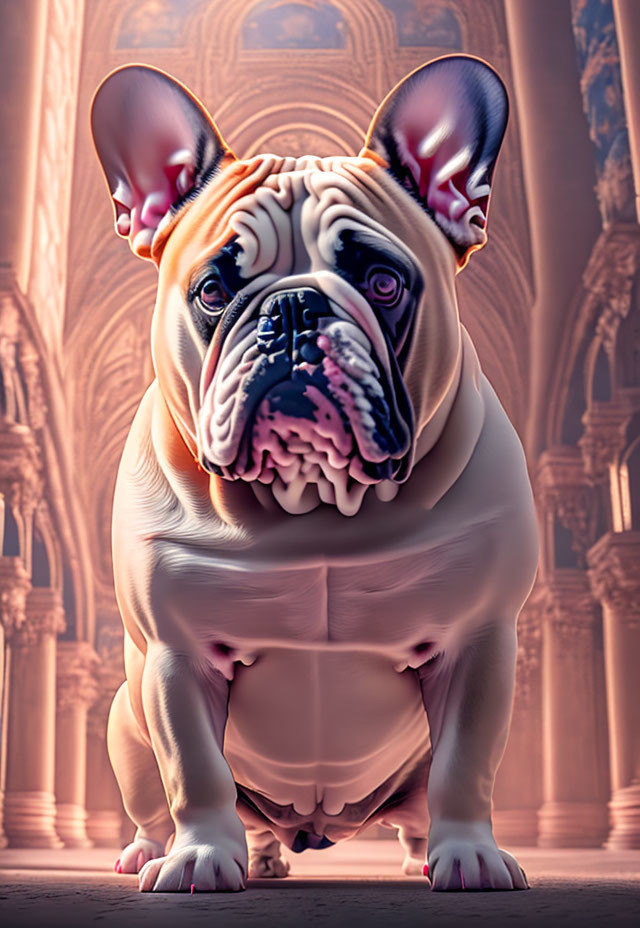 French Bulldog with Exaggerated Features in Ornate Cathedral Setting