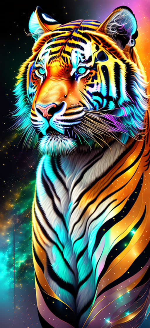 Colorful Tiger Digital Artwork with Cosmic Background