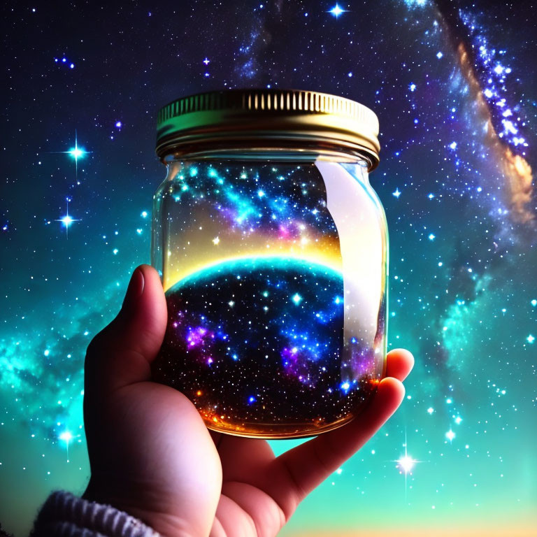 Glass jar capturing vibrant starry night sky with cosmic colors.