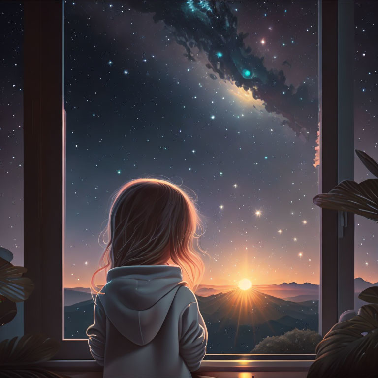 Child admires starry sky and galaxy through window at sunset mountains.