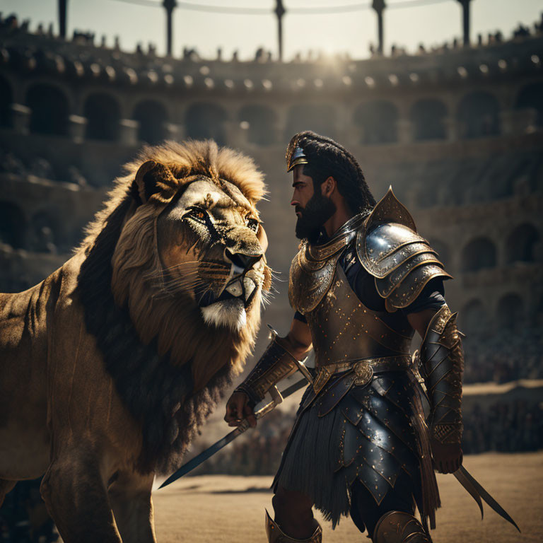 Warrior in ornate armor faces majestic lion in dramatic arena scene