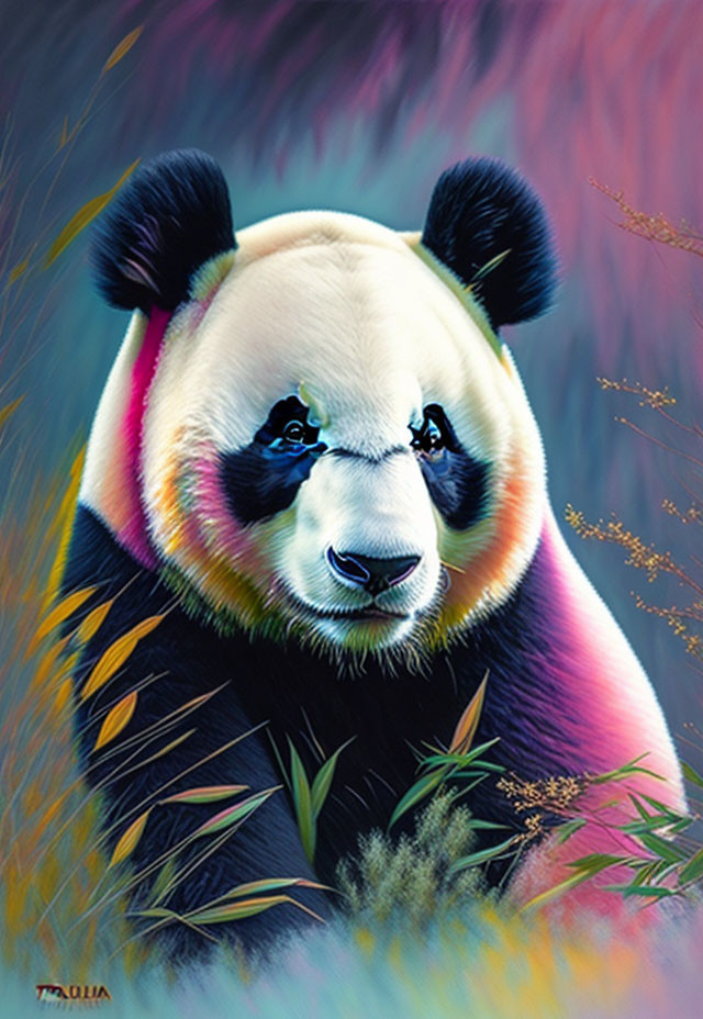 Vivid Panda Illustration with Swirling Purple and Pink Background