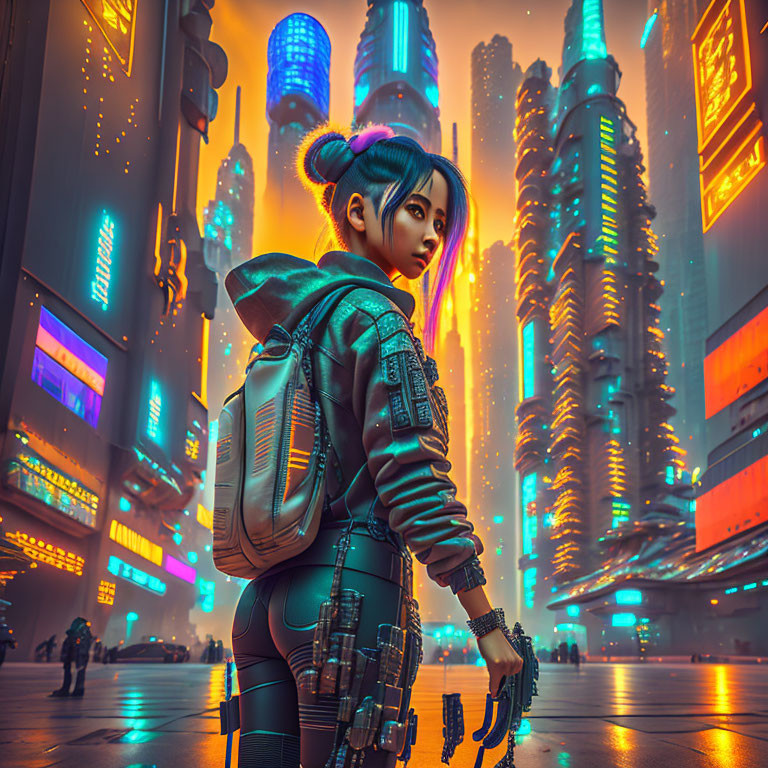 Futuristic cityscape with neon lights and cyberpunk person.