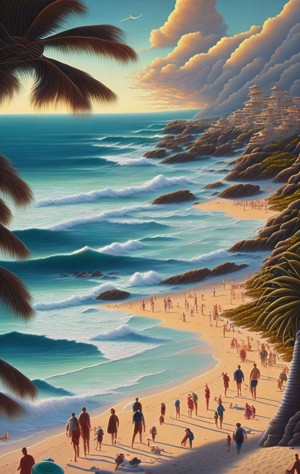 Beach scene with palm trees, cliff, and dramatic sky