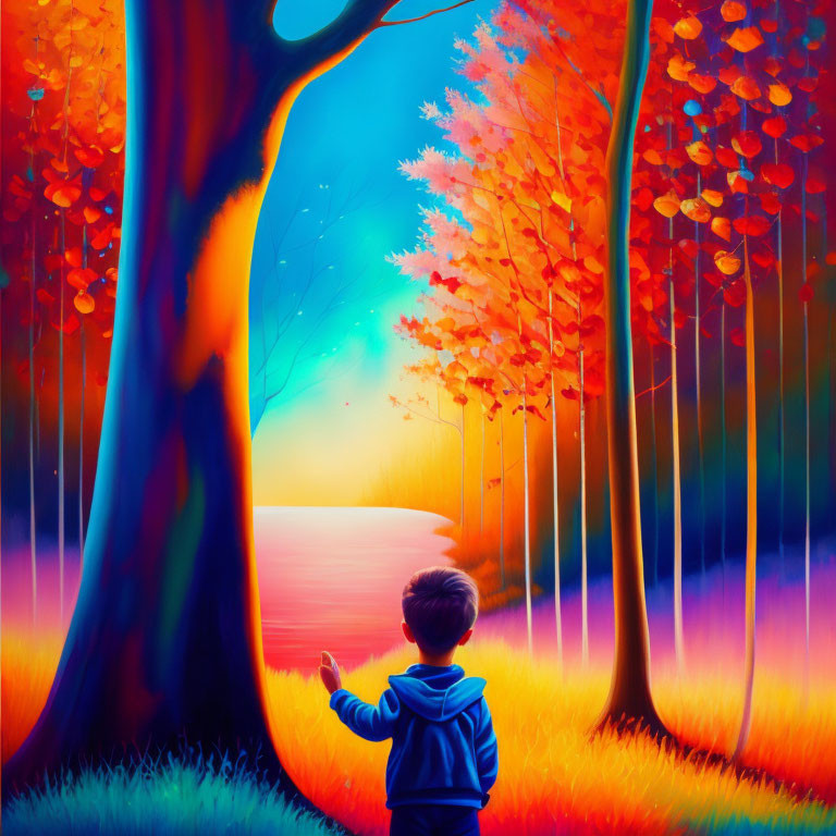 Child in Blue Hoodie Admiring Colorful Autumn Forest & Sunset