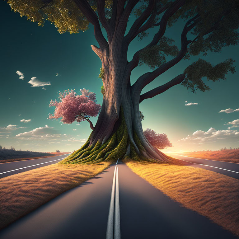 Surreal image: large tree in split road with small tree, sunset or sunrise sky