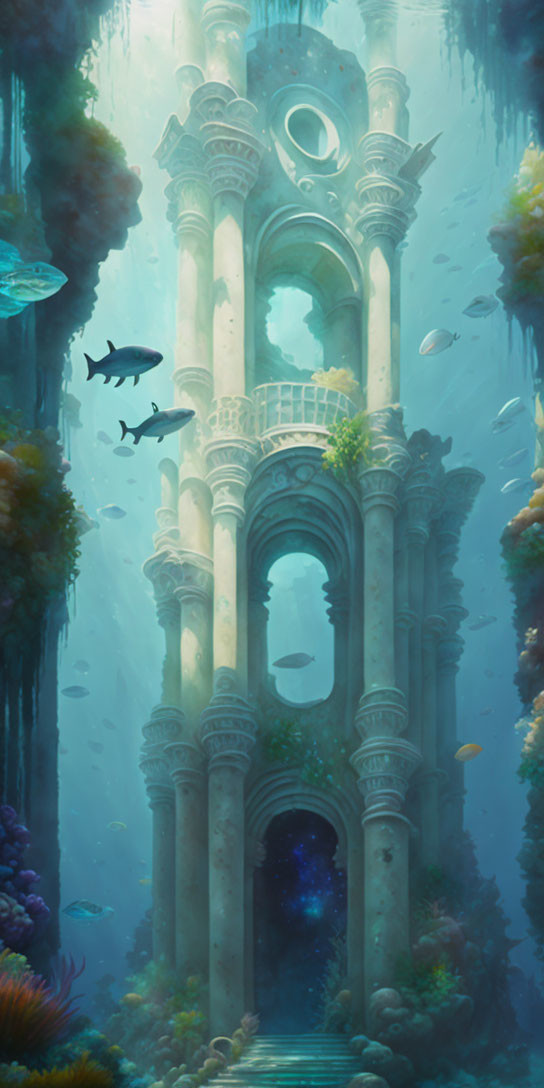 Ethereal underwater scene with ancient tower and aquatic life