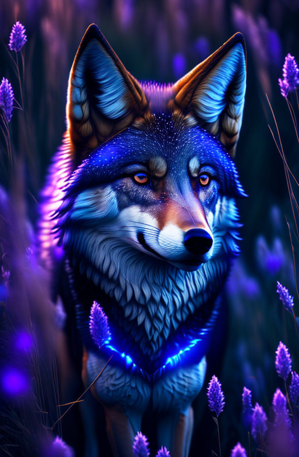 Vivid Wolf Artwork with Blue Eyes and Purple Flowers