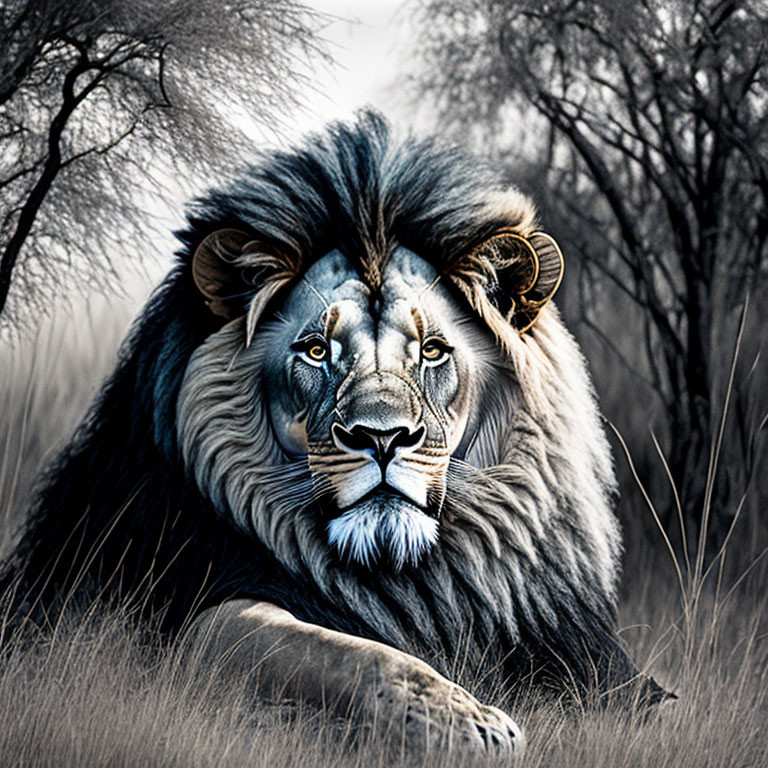 Lion with majestic mane resting in grasslands with monochromatic background and hint of color