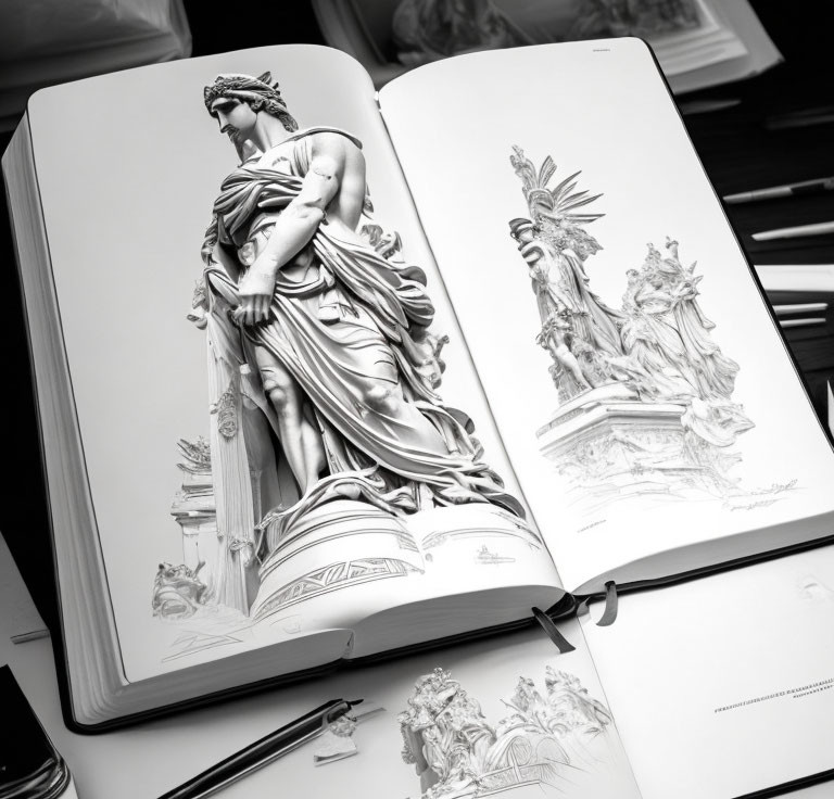 Monochrome classical statue sketches in open book with pencils