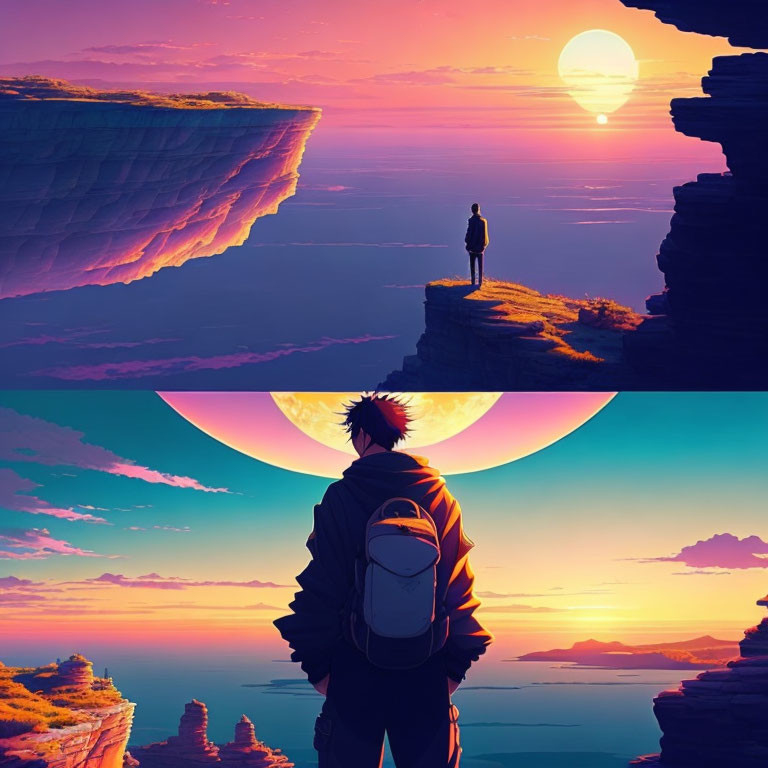 Split-scene artwork: person on cliff at sunset, colossal sun over ocean.