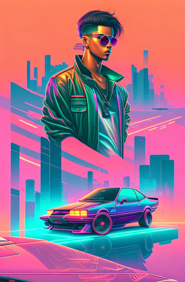 Digital artwork: Person in sunglasses and leather jacket in neon-lit cityscape