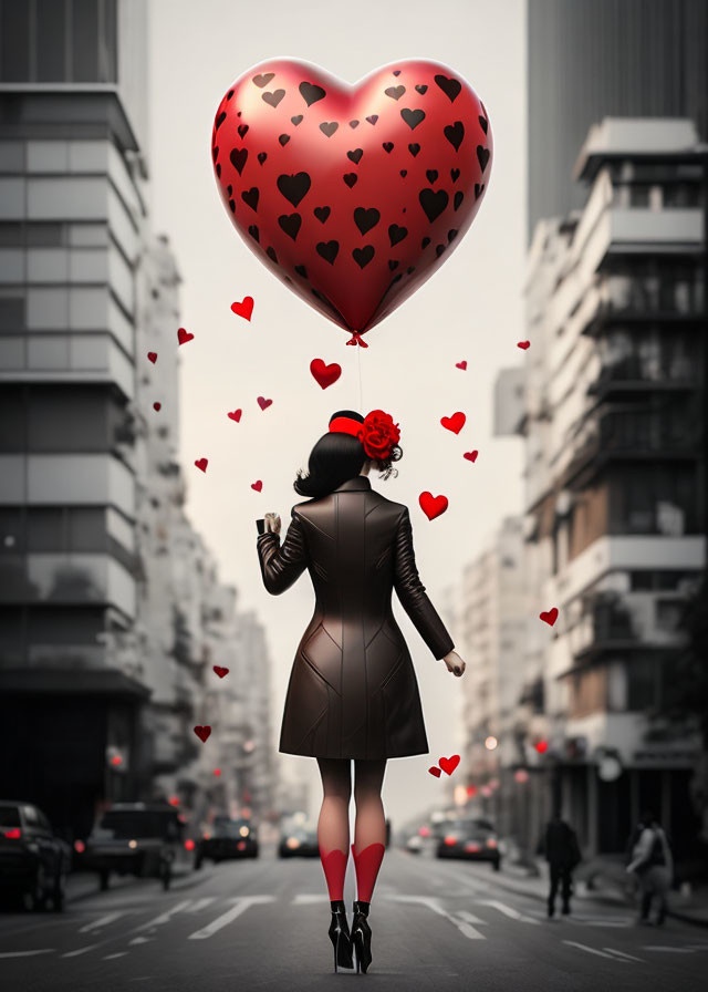 Woman with heart-shaped balloon in romantic city scene