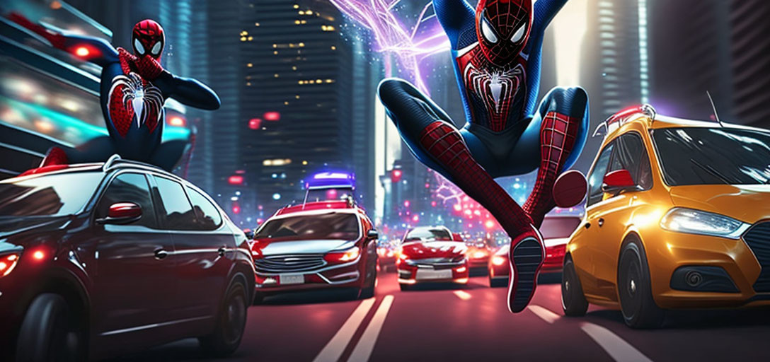 Spider-Man characters swinging between cars in a neon-lit city scene