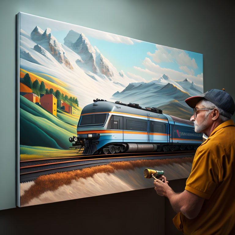 Man in Cap with Model Train and Painted Landscape Canvas