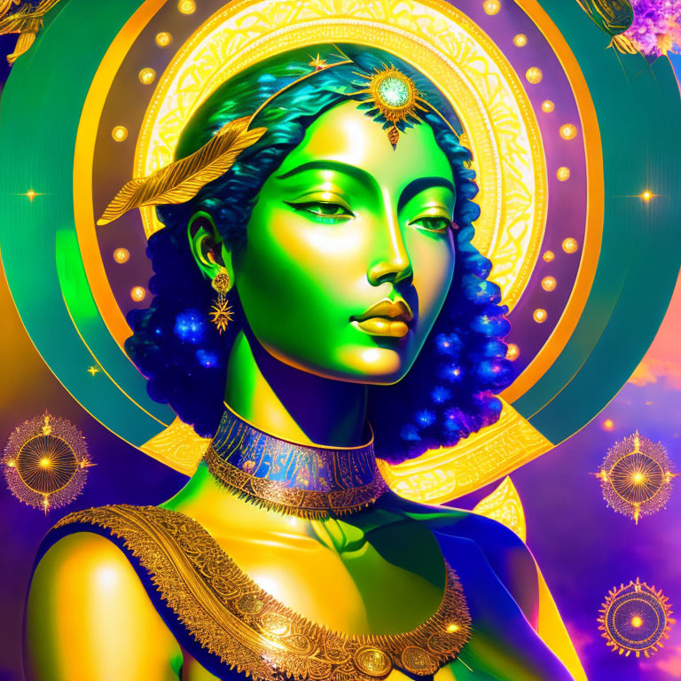 Colorful Artwork: Green-Skinned Woman with Gold Jewelry and Halo Rings