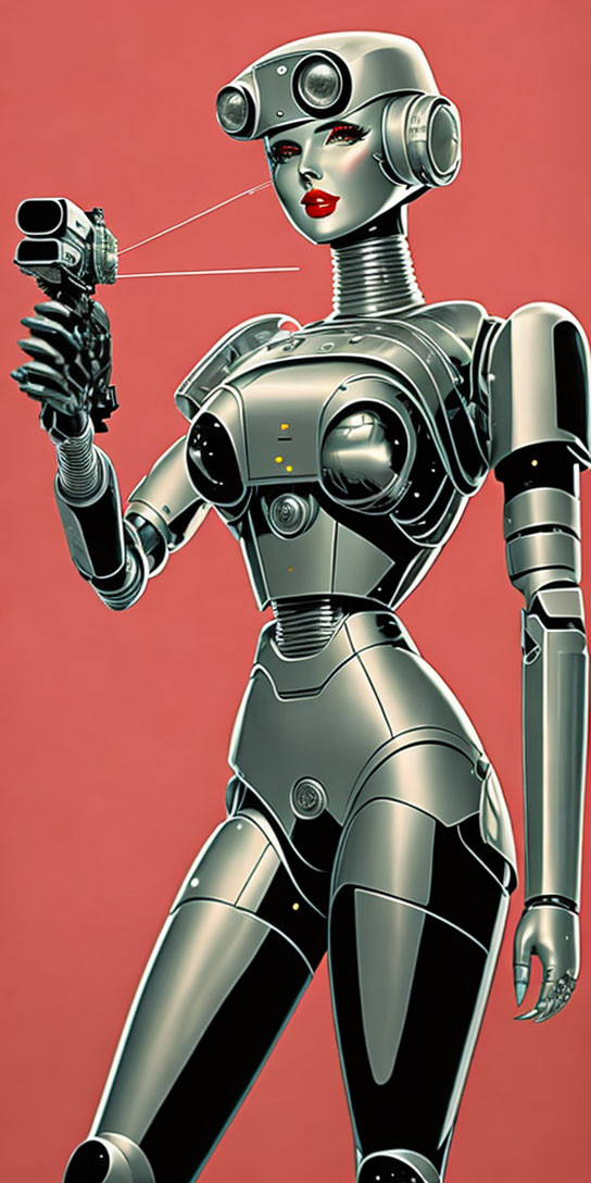 Female robot in silver suit with visor and gun targeting with laser