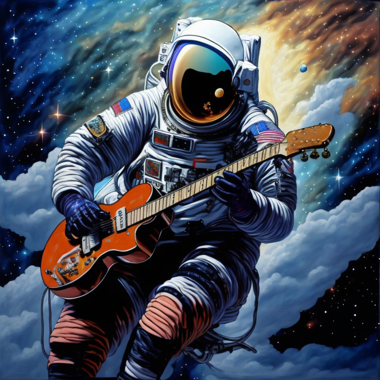 Astronaut in spacesuit plays electric guitar in cosmic setting