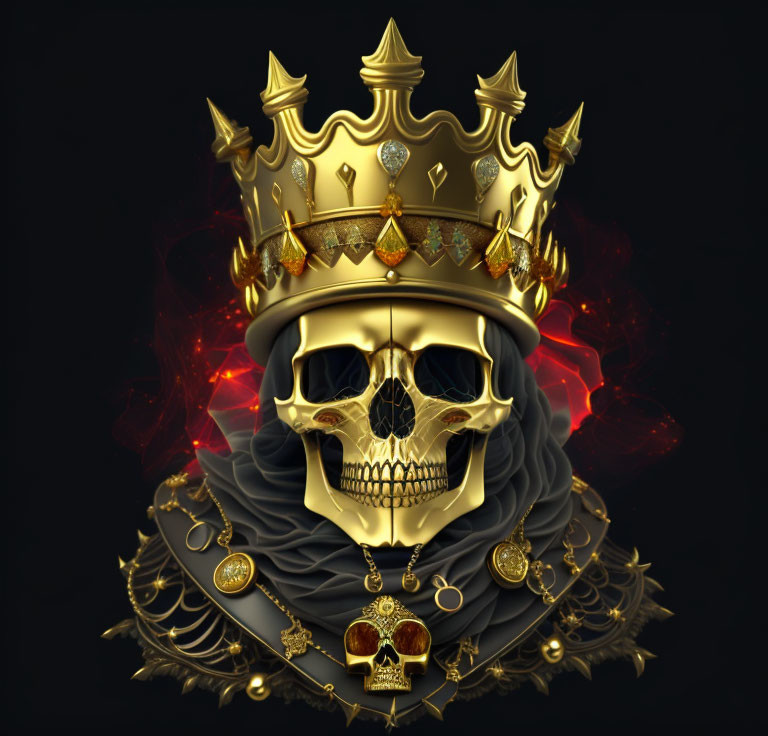 Golden Crown with Gems on Skull in Ruffled Fabric and Red Smoke on Black Background