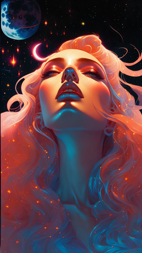 Vivid illustration: Woman with pink hair, glowing skin, against cosmic backdrop