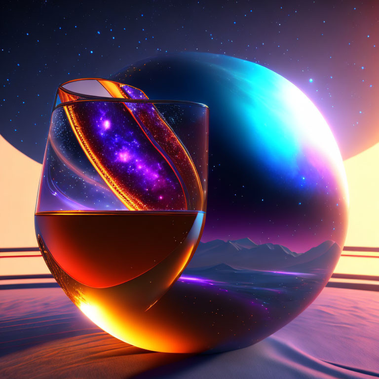 Surreal image of tilted glass with galaxy and cosmic backdrop