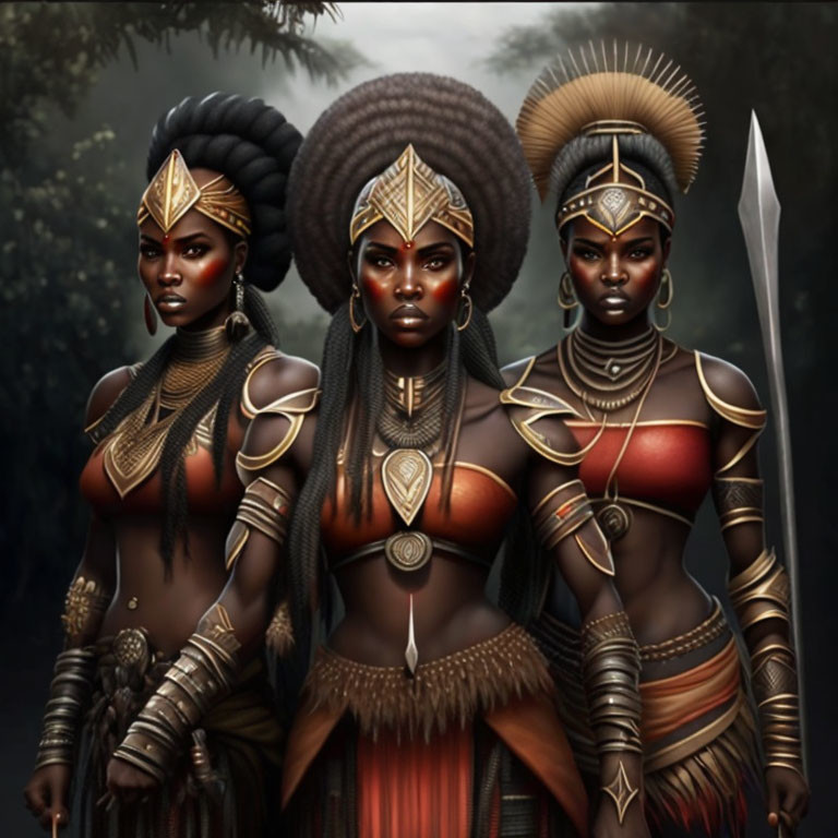 Three warrior women with ornate hairstyles and tribal attire in misty forest.