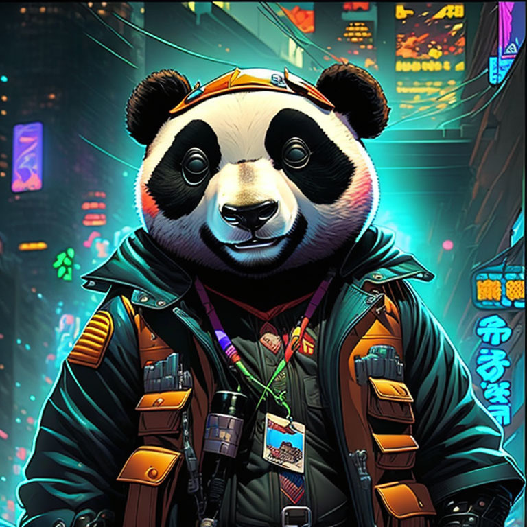 Anthropomorphic panda in futuristic attire against neon cityscape