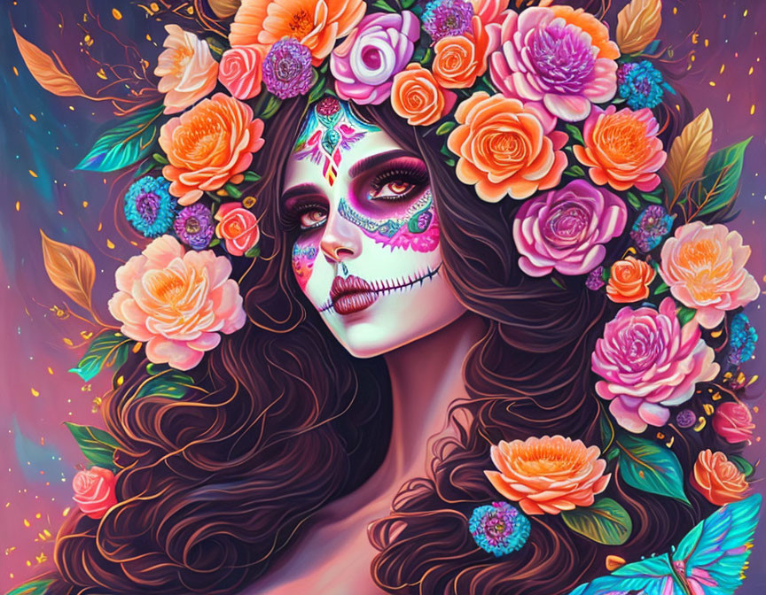 Vibrant Day of the Dead woman with floral crown and dark hair on mystical background