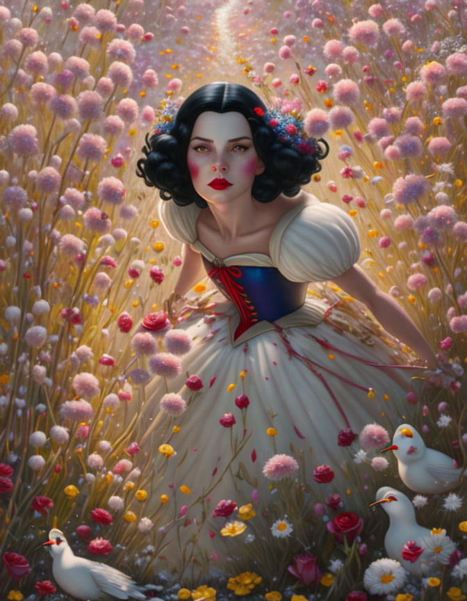 Illustration of Snow White-like character in colorful flower field with white birds