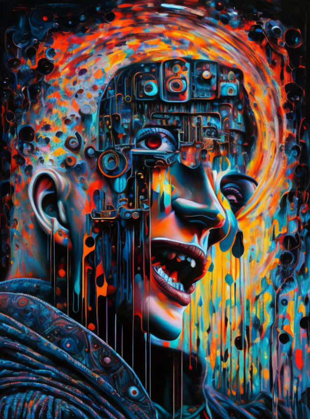 Colorful Cyborg Artwork with Human-like Face and Mechanical Components