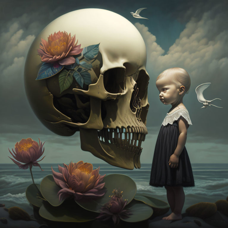 Surreal artwork: child, giant skull, blooming flower, seascape, lotus flowers