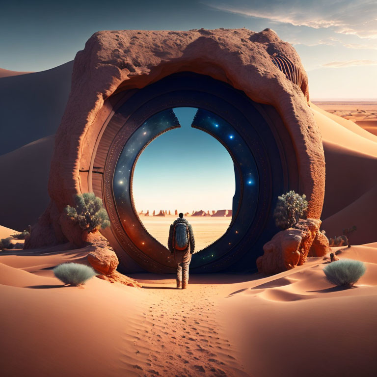 Massive circular gateway merges desert landscape with starry cosmos