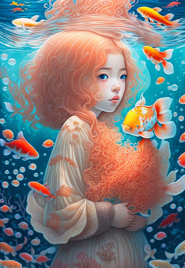 Red-haired girl underwater with orange fish in blue aquatic setting