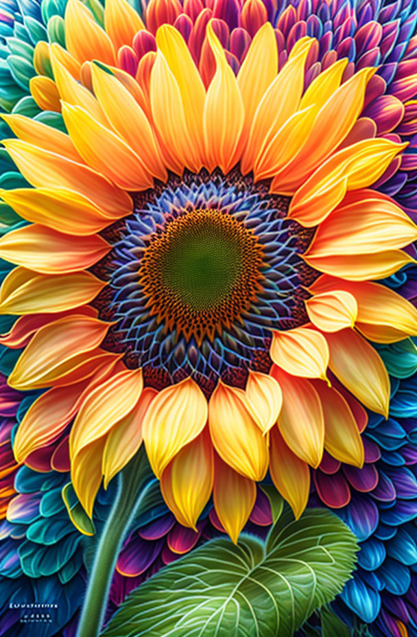 Colorful sunflower illustration with yellow to blue gradient petals