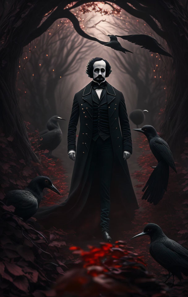 Dark Forest Scene with Somber Figure and Ominous Ravens