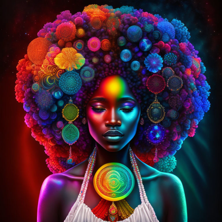 Colorful Flower Afro Portrait with Neon Lights and Jewelry