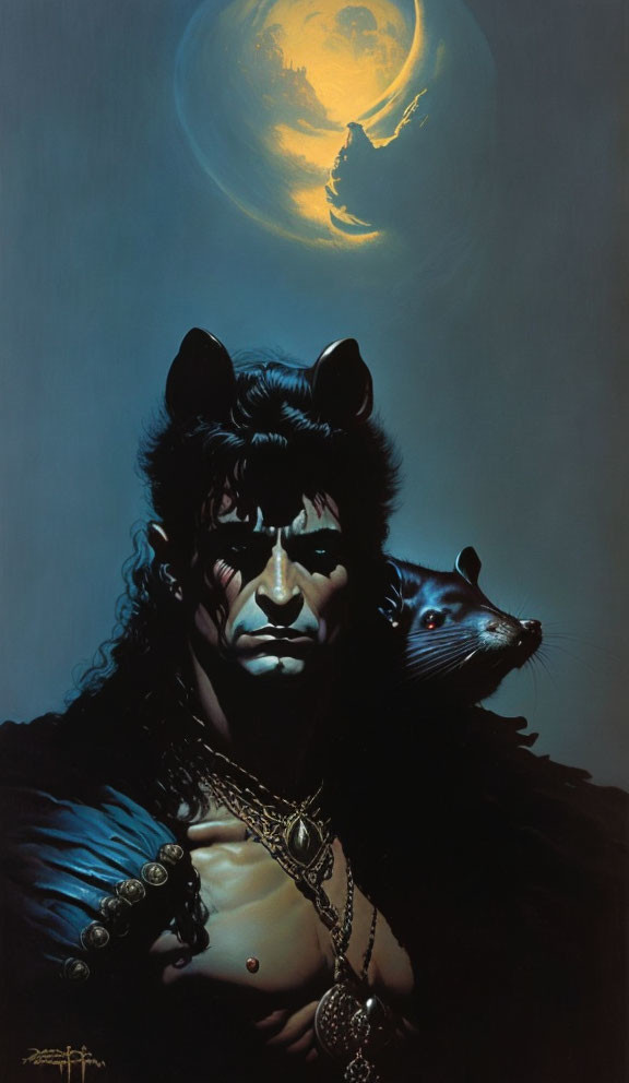 Muscular man with pointed ears and black rat in fantasy night scene