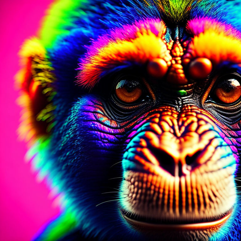 Colorful neon monkey portrait on fuchsia background