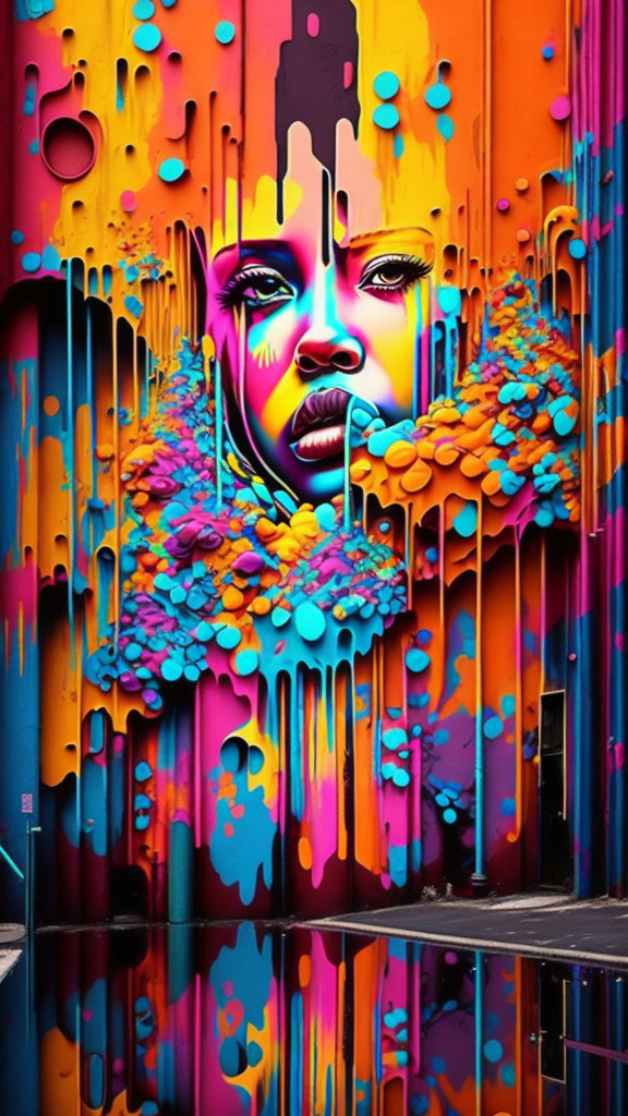 Colorful abstract face graffiti mural reflecting in water.