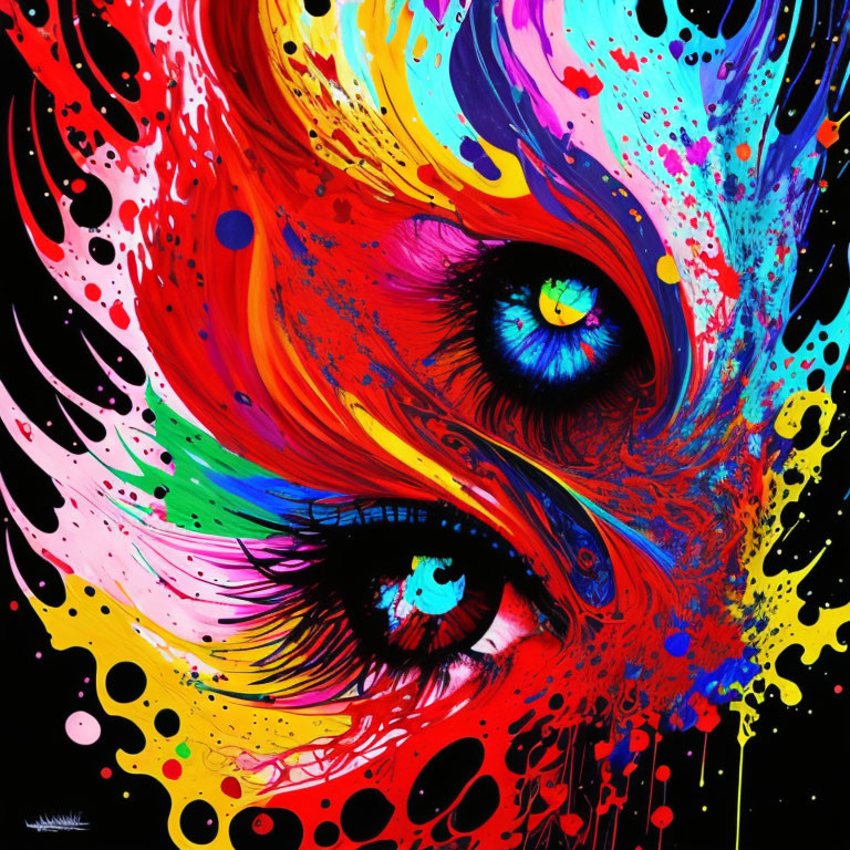 Abstract art: Vivid blue eyes in colorful splashes