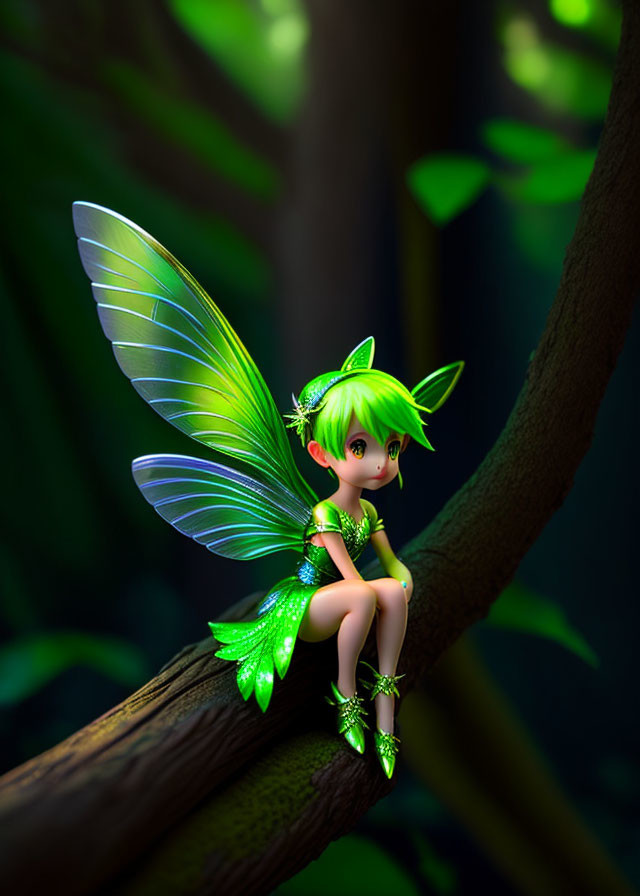 Green fairy with delicate wings on tree branch in lush forest