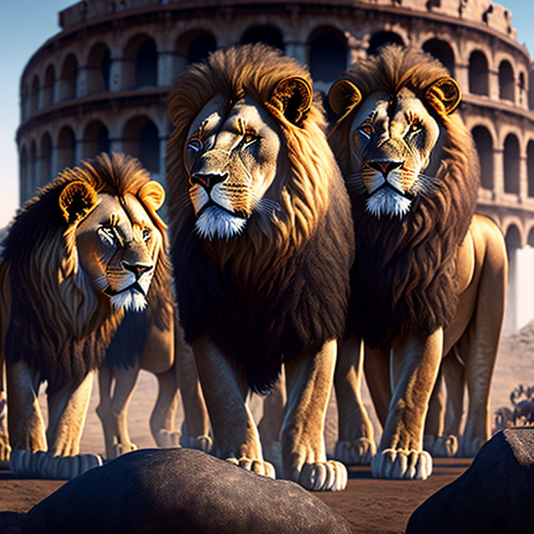 Three majestic animated lions with Colosseum-like background