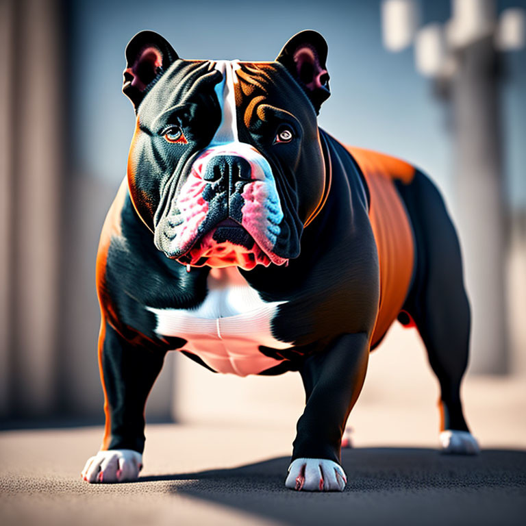 Stylized cartoon bulldog with muscular body and fierce expression