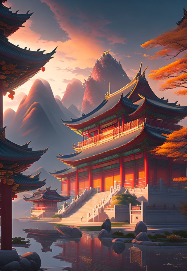 Tiered Roofs in Traditional East Asian Architecture at Sunset