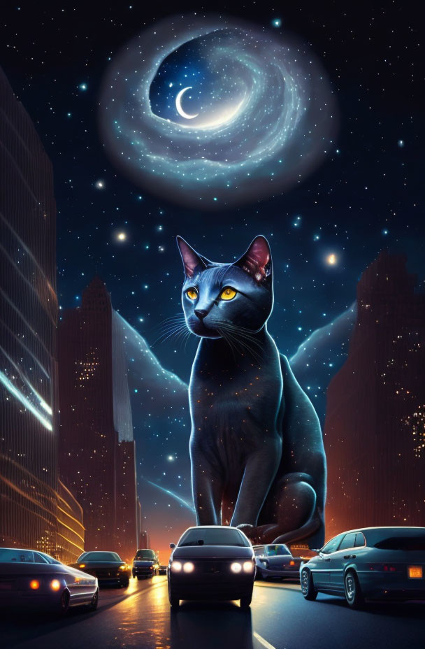 Enormous black cat in city night scene with skyscrapers and starlit sky