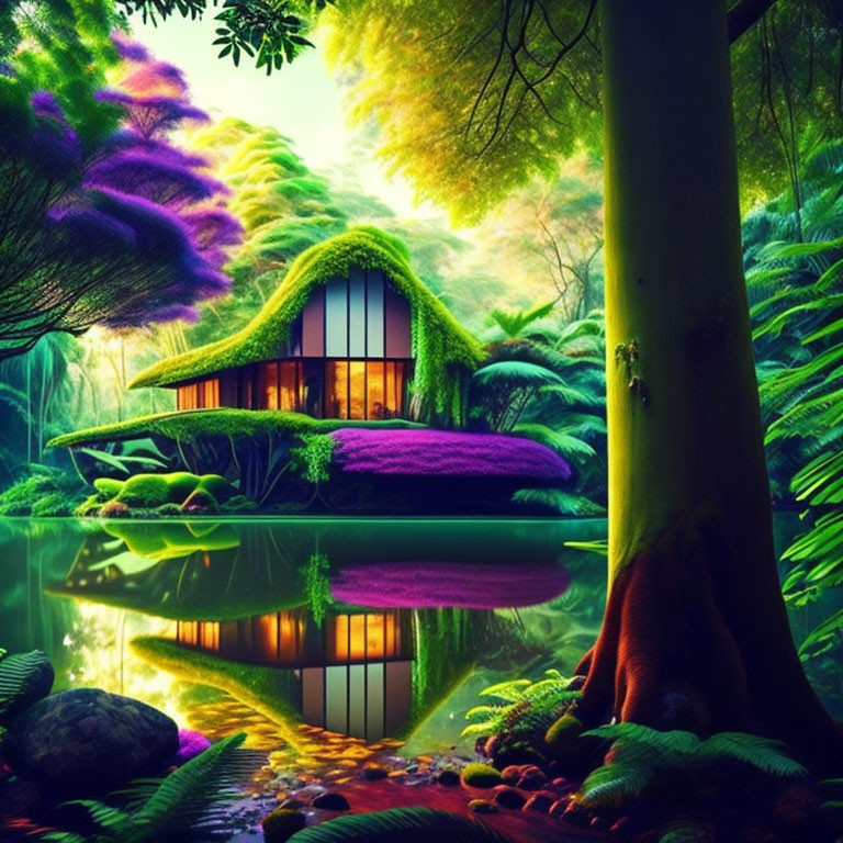 Tranquil fantasy cottage in lush forest with reflective pond